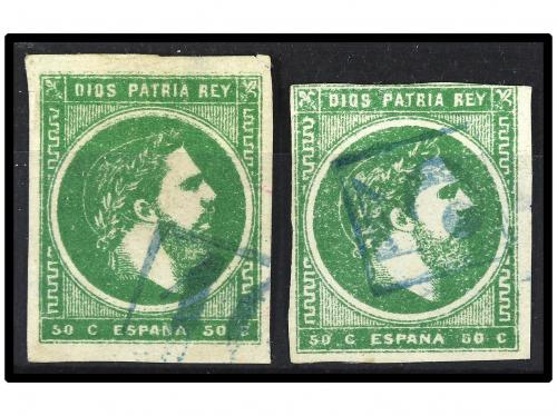 ° ESPAÑA. Ed. 160 (2). 50 cts. verde. 2 ejemplares con mat. 