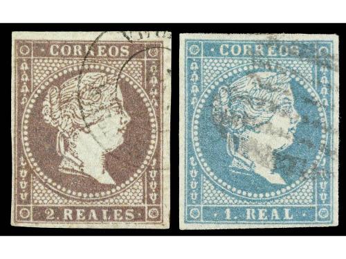 ° ESPAÑA. Ed. 45, 46. 1 real azul y 2 reales violeta. Muy bo